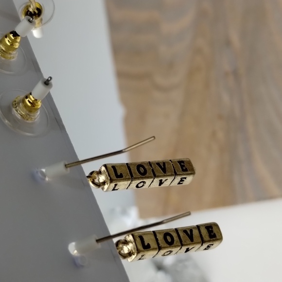 Set of 3 Earrings Love Hoop Gold Dangle Stud Fashion Jewelry Small Brass Resin - Picture 5 of 7